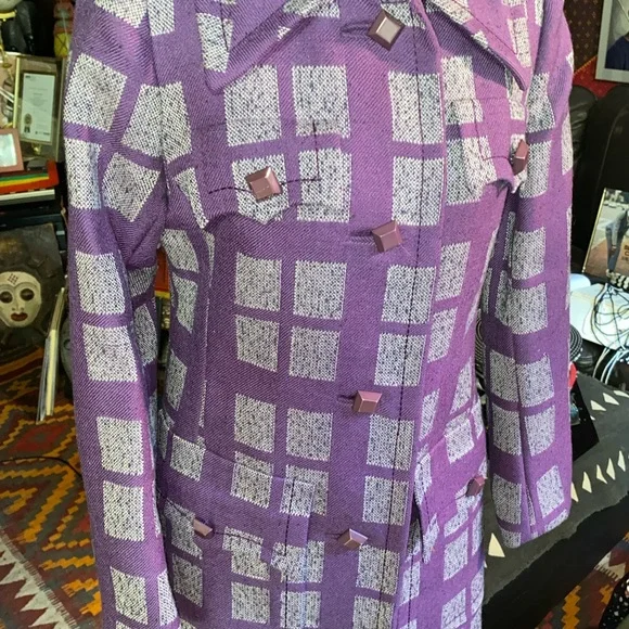 AUTHENTIC VTG Purple💜’Window-Checkered’ Long Coat - Picture 2 of 5